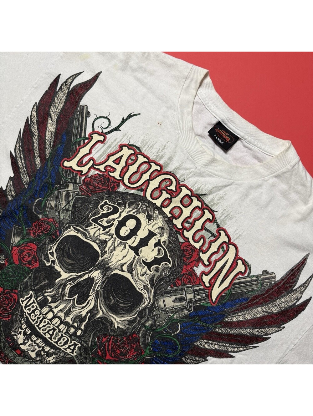 Hot Leathers 2017 Laughlin Nevada Bike Short Sleeve Skull White T-Shirt Men’s XL